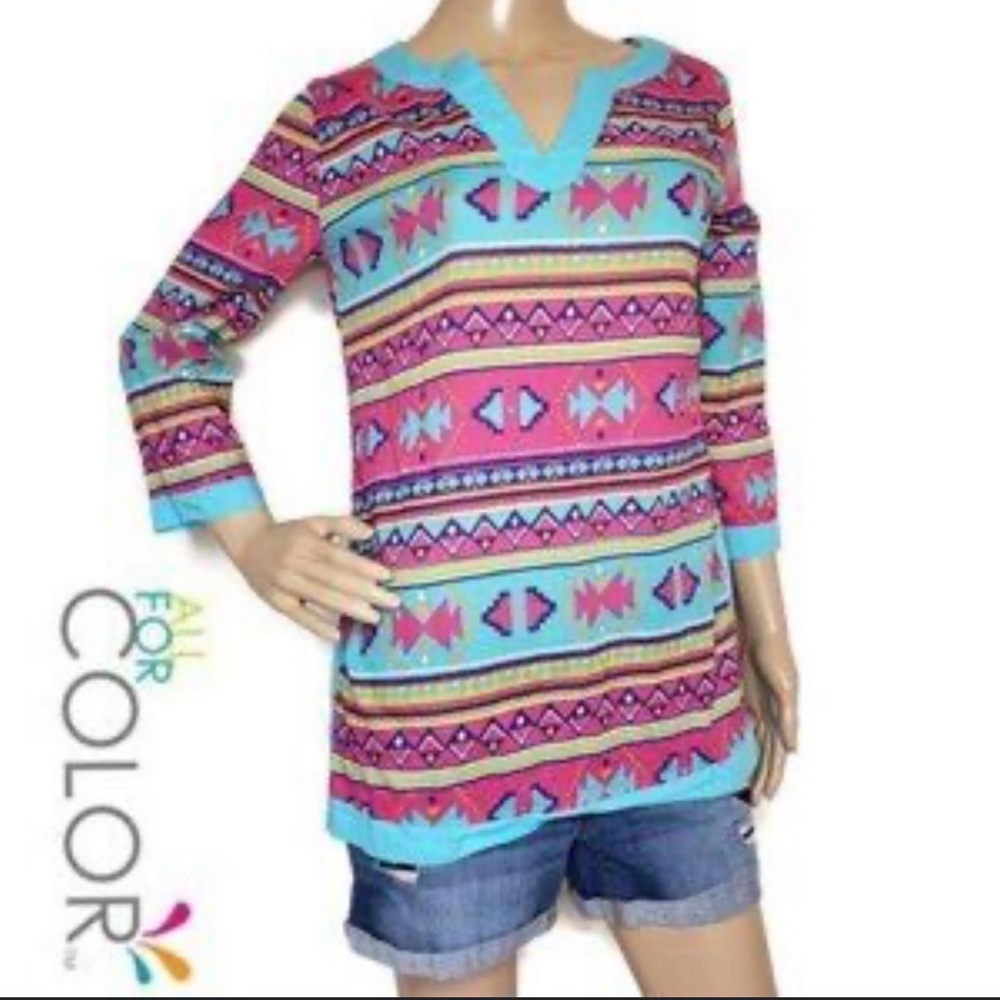NWT All For Color Women's Aztec Print Tunic in Pink and Blue